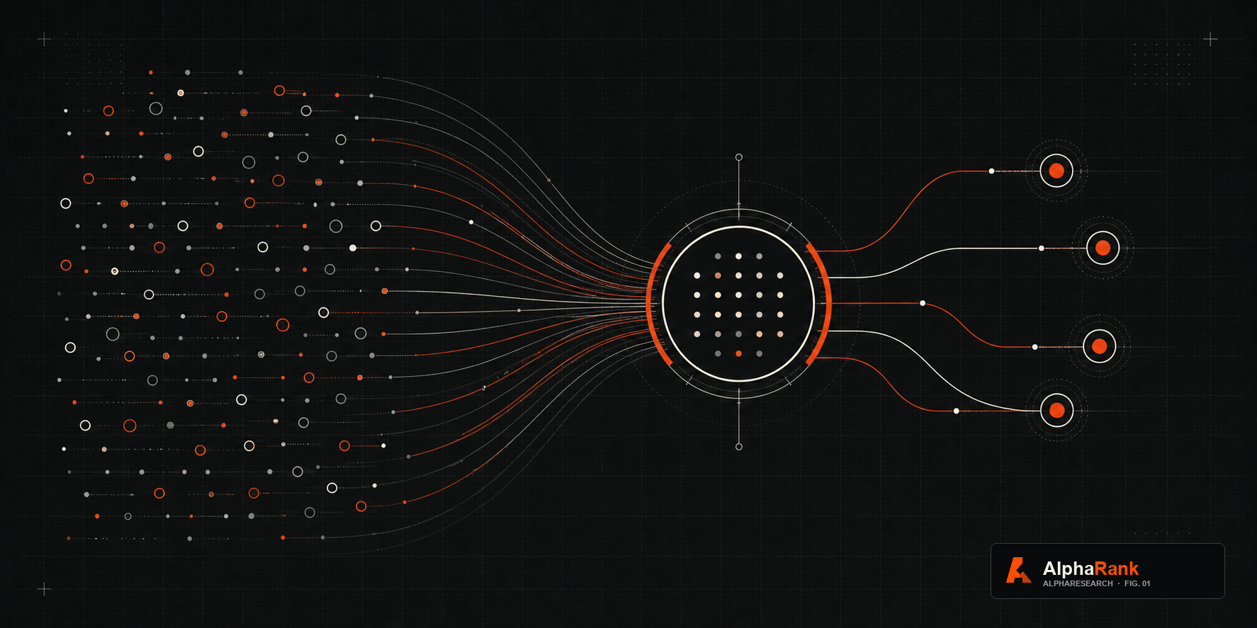 Many subnet signals converge through a central emission gate and emerge as a smaller set of high-conviction networks.